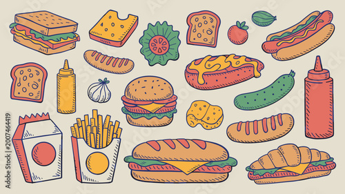 Obraz na płótnie Colorful Fast Food Doodle Set with Burgers, Hot Dogs, Fries, and Street Food Sna