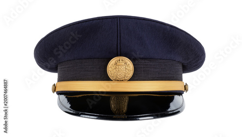 Tableau sur toile Dark blue peaked cap with gold emblem and trim, isolated on transparent backgrou