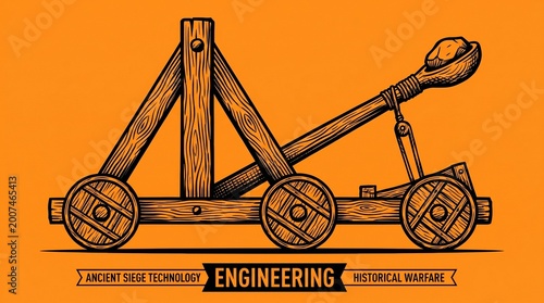 Detailed black illustration of a wooden catapult with triangular frame, wheels, and throwing arm, symbolizing ancient siege technology, engineering, and historical warfare against bold orange backgrou