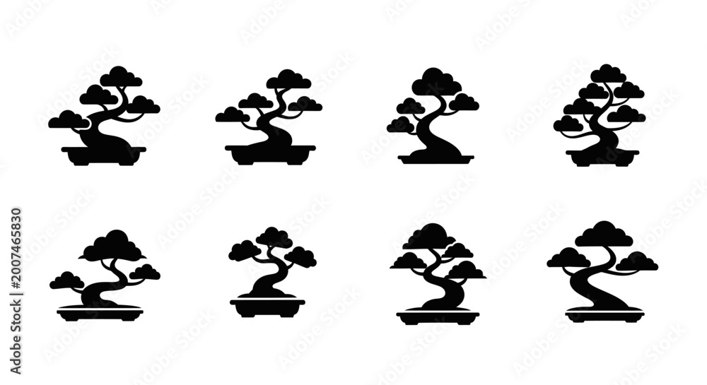 Obraz premium Set of Eight Black Bonsai Tree Silhouettes in Pots