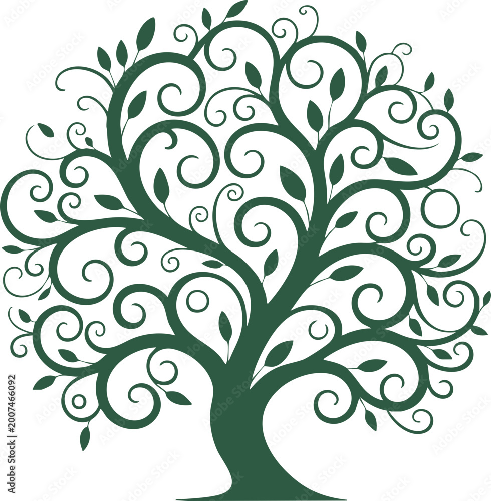 Obraz premium Elegant Swirl Tree Silhouette with Decorative Leaves
