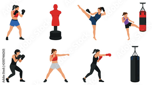 Canvastavla Woman boxer practicing punches and kicks with equipment.