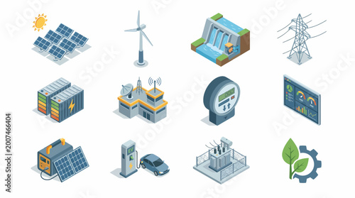 Renewable Energy Icons Set: Solar, Wind, Hydro, Battery, Grid Power, EV Charging