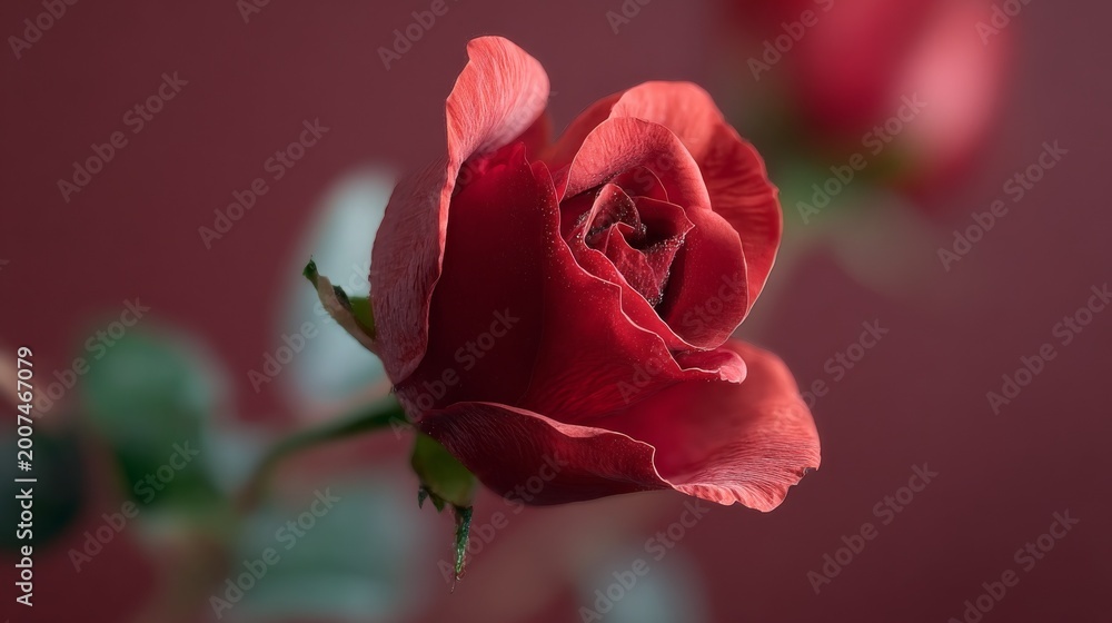 Obraz premium Close-up of a red rose with soft petals against a blurred background.