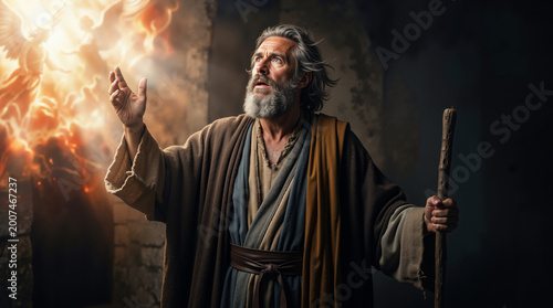 Ezekiel in vision moment. Waist up portrait of an elderly prophet witnessing a divine revelation with angels and light. Biblical scene for religious storytelling