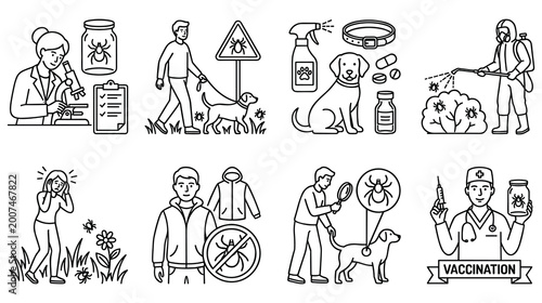 Quadro su tela Set of line icons with different characters and dogs suffering from ticks