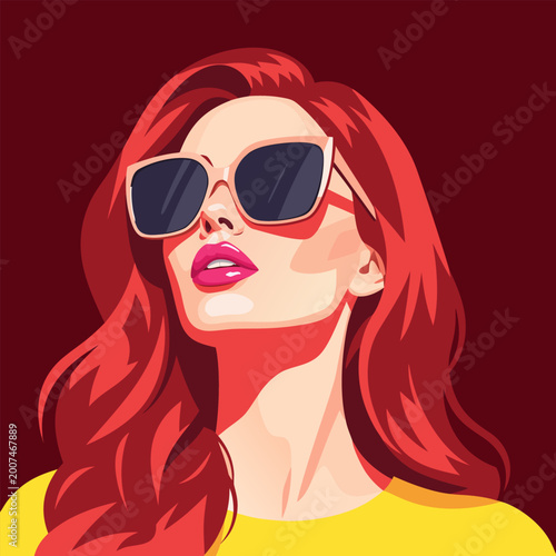 фотографія Stylish Redhead Woman with Sunglasses Vector Illustration - Modern, Vibrant, and
