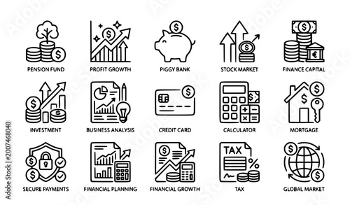 Money income line icon set pension fund profit growth piggy bank and finance capital thin outline vector for investment apps