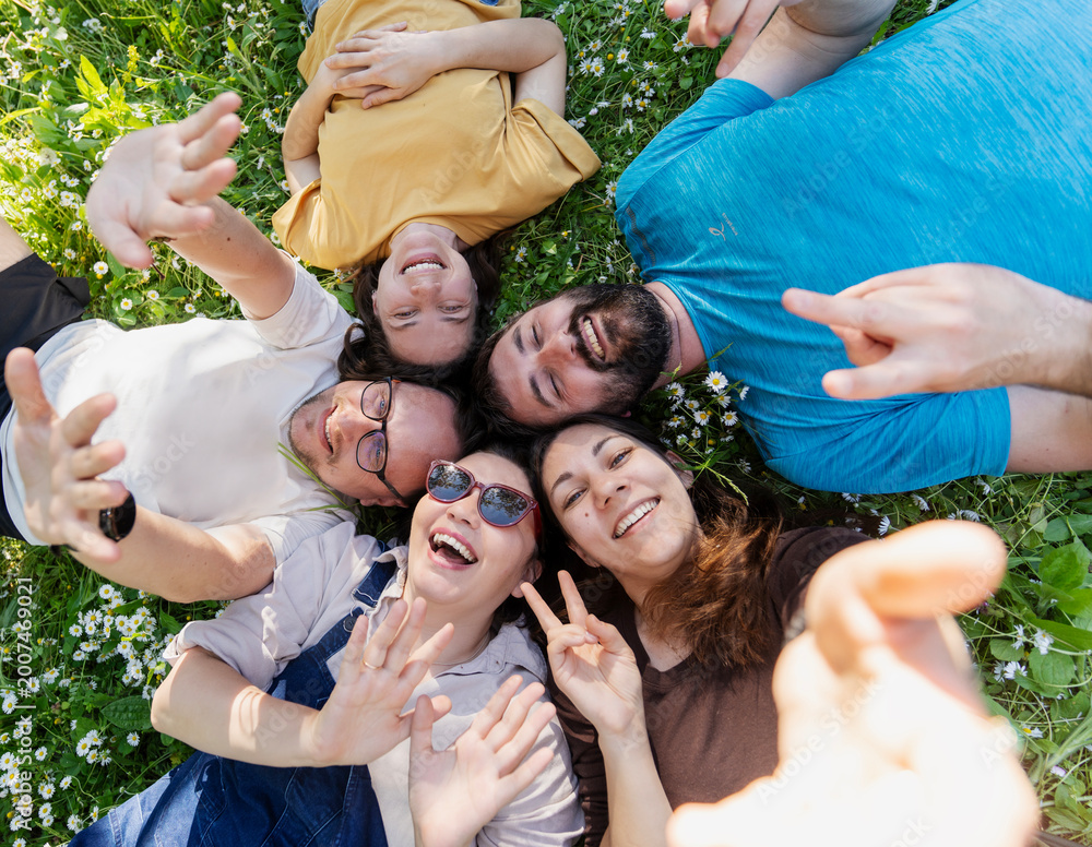 Fototapeta premium Five happy adult friends lying in a circle head to head on grass waving at camera