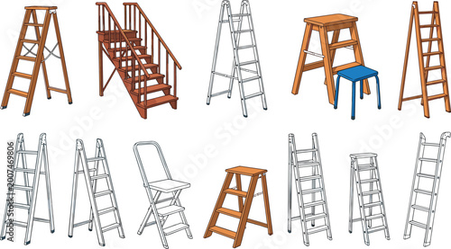 Ladders and step stools collection with wooden and metal designs, household tools set, construction and home improvement equipment vector illustration isolated background