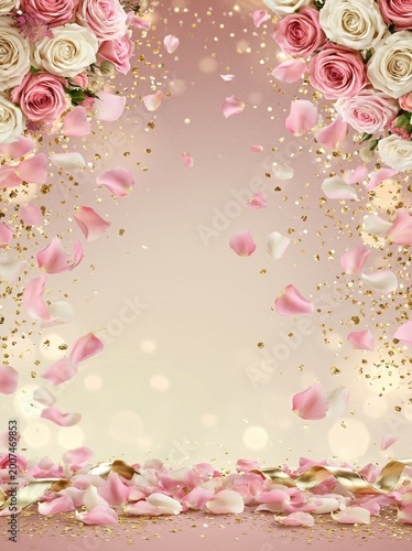 Pink and white roses with falling petals and gold confetti