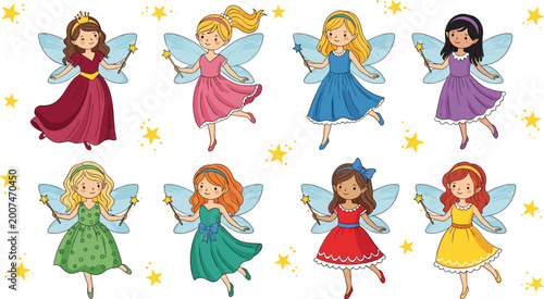 Schilderij op canvas Cute fairy princess characters collection with wings and magic wands, colorful c