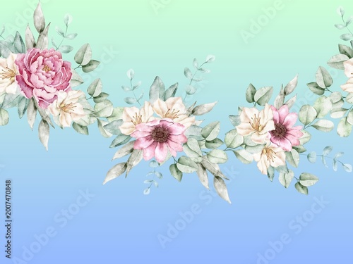 Valokuva Pink peonies arranged on a blue background