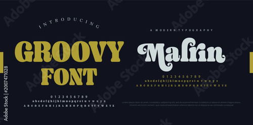 Photos Groovy retro alphabet letters font and number