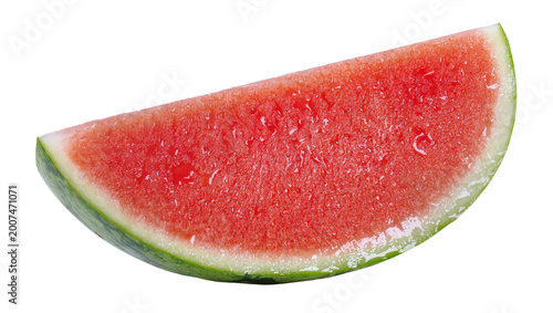 Bild auf Leinwand Juicy red watermelon slice with water droplets, isolated on transparent backgrou