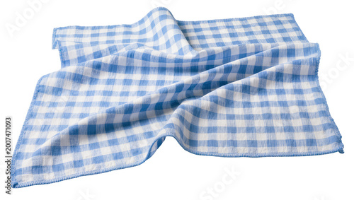 Canvastavla Blue and white checkered gingham fabric folded and creased, isolated on transpar