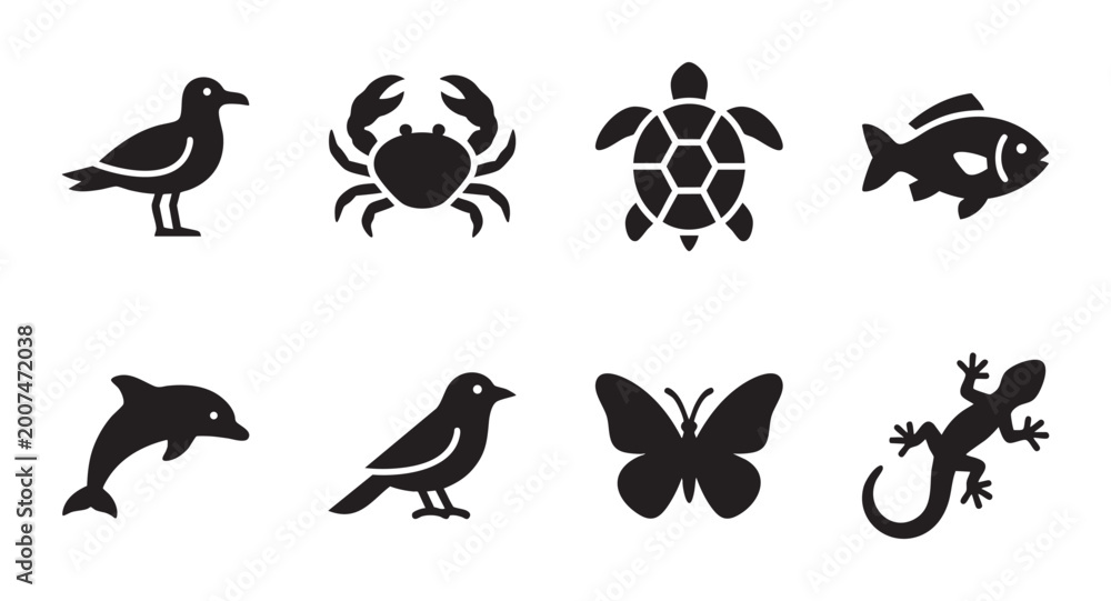 Fototapeta premium A graphic collection of black silhouette icons featuring various animals like a seagull, crab, turtle, fish, dolphin, bird, butterfly, and lizard on a white background.