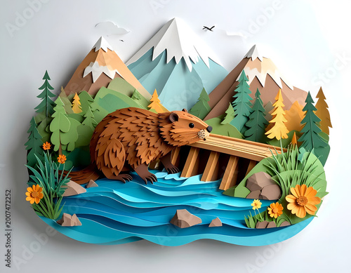 Majestic paper-cut beaver on a wooden bridge over a river representing wildlife conservation and nature environment in 3D craft style