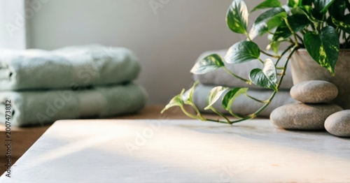 Minimalist Spa Setup with Towels and Green Plant for Wellness Design