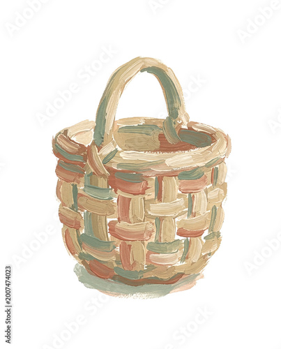 round wicker basket in sandy beige, simplified weave textures.