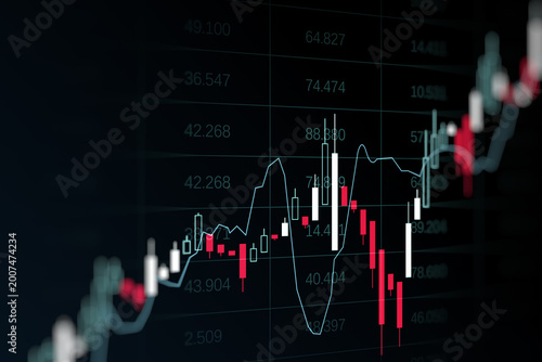 Фотография Dynamic financial candlestick chart with fluctuating market lines on dark digital backdrop showing currency and stock index movement trends