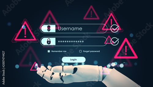 Robotic hand supporting secure login interface with alert symbols emphasizing protection and safety in digital environment. 3D Rendering