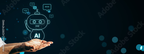 Glowing chatbot hologram held above open hands with digital speech icons on d...