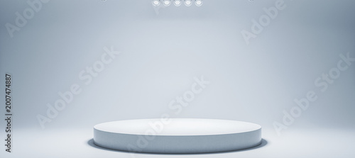 Minimal round podium under soft studio lights in clean abstract background se...
