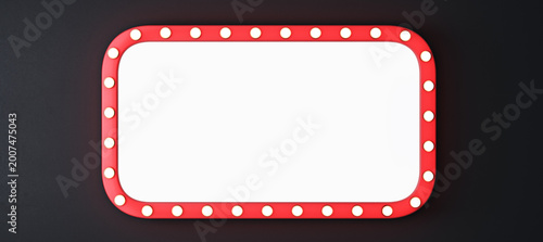Bright retro marquee frame with empty white center on dark backdrop for creat...