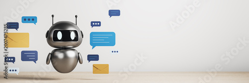 Friendly metallic chatbot robot surrounded by message icons and envelopes on ...