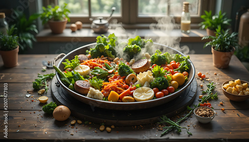 Gemini said

A fresh gourmet meal featuring pasta with chicken and red meat, served alongside a healthy green vegetable salad with tomatoes and cheese on a white plate for a delicious dinner