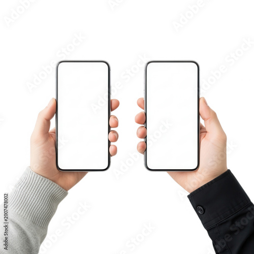 Two hands holding up identical smartphones side by side