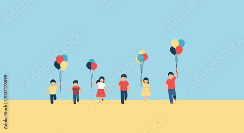 Energetic group of children running together in joyful outdoor play, dynamic vector illustration