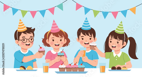Children joyfully sharing sweet cupcakes together in a heartwarming scene