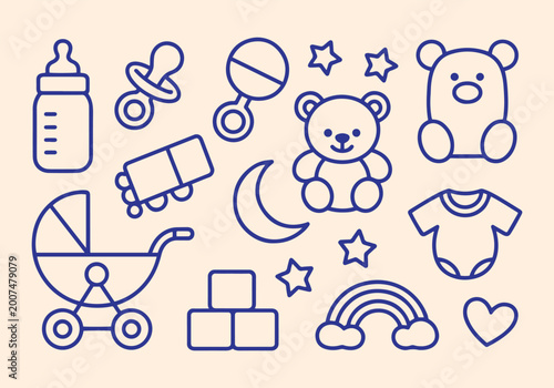 Obraz na płótnie Baby Essentials and Nursery Items Doodle Outline Vector Illustration
