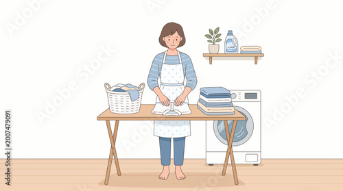 Housewife stands at a laundry table folding clean clothes with a washing machine in the background.