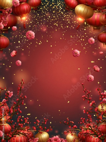 Red lanterns and gold confetti on a Lunar New Year background