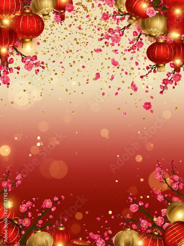 Red lanterns and gold confetti on a Lunar New Year background
