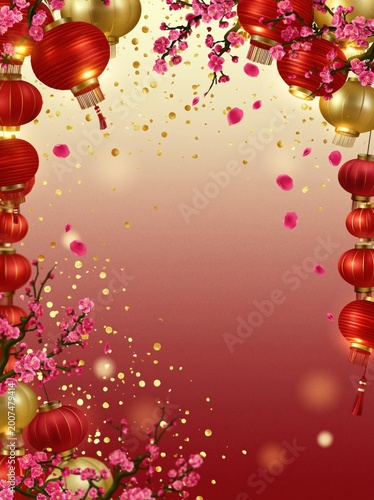 Red lanterns and gold confetti on a Lunar New Year background