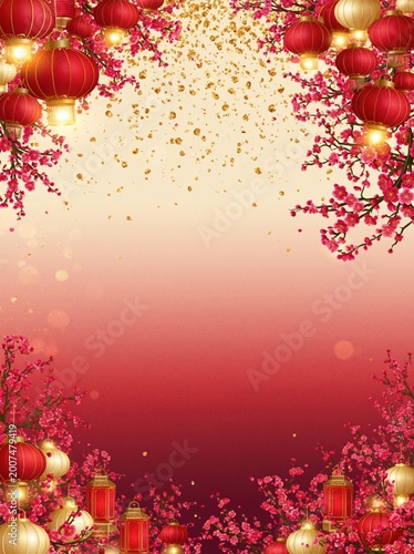 Red lanterns and gold confetti on a Lunar New Year background