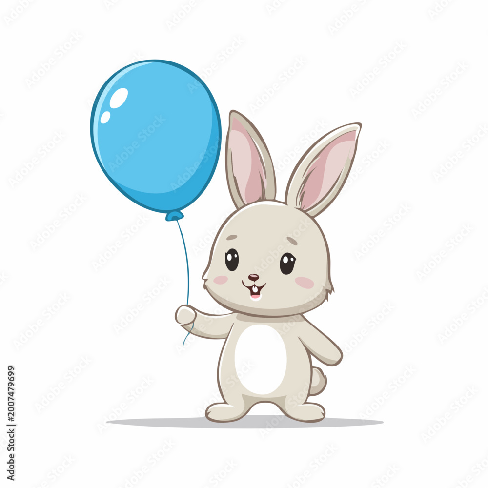 Obraz premium Cute cartoon rabbit holding a blue balloon