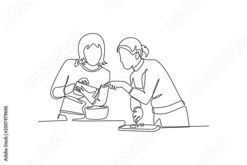 Two women are cooking together. One of them is pointing at a recipe. Family Recipes concept. Single line draw design. Vector graphic illustration