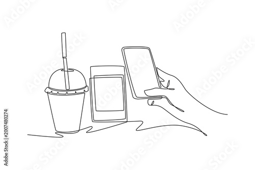 Food Order and payment using qr code. Tech meets food concept. Single line draw design. Vector graphic illustration