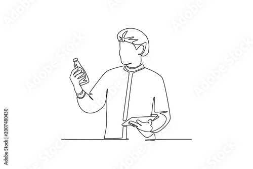 At the beverage bottling factory a quality control officer use tablet. Tech meets food concept. Single line draw design. Vector graphic illustration