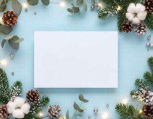 Blank holiday greeting card with winter greenery and lights.