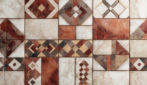 Decorative ceramic tile arrangement with intricate geometric patterns and warm earthy tones of marble and terracotta accents
