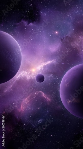 A breathtaking cosmic scene featuring vibrant purple planets and swirling galaxies.
