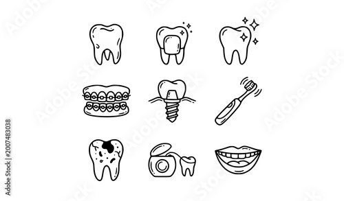 Foto Dental clinic doodle icon set wisdom tooth braces implant whitening and oral car