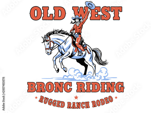 Quadro em tela Retro style cowgirl bronc riding