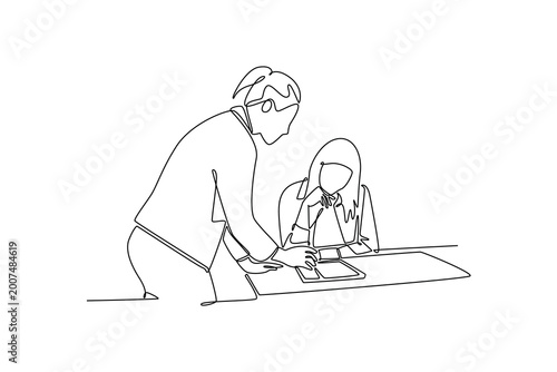 teacher assisting her female student. Activity School concept. Single line draw design. Vector graphic illustration